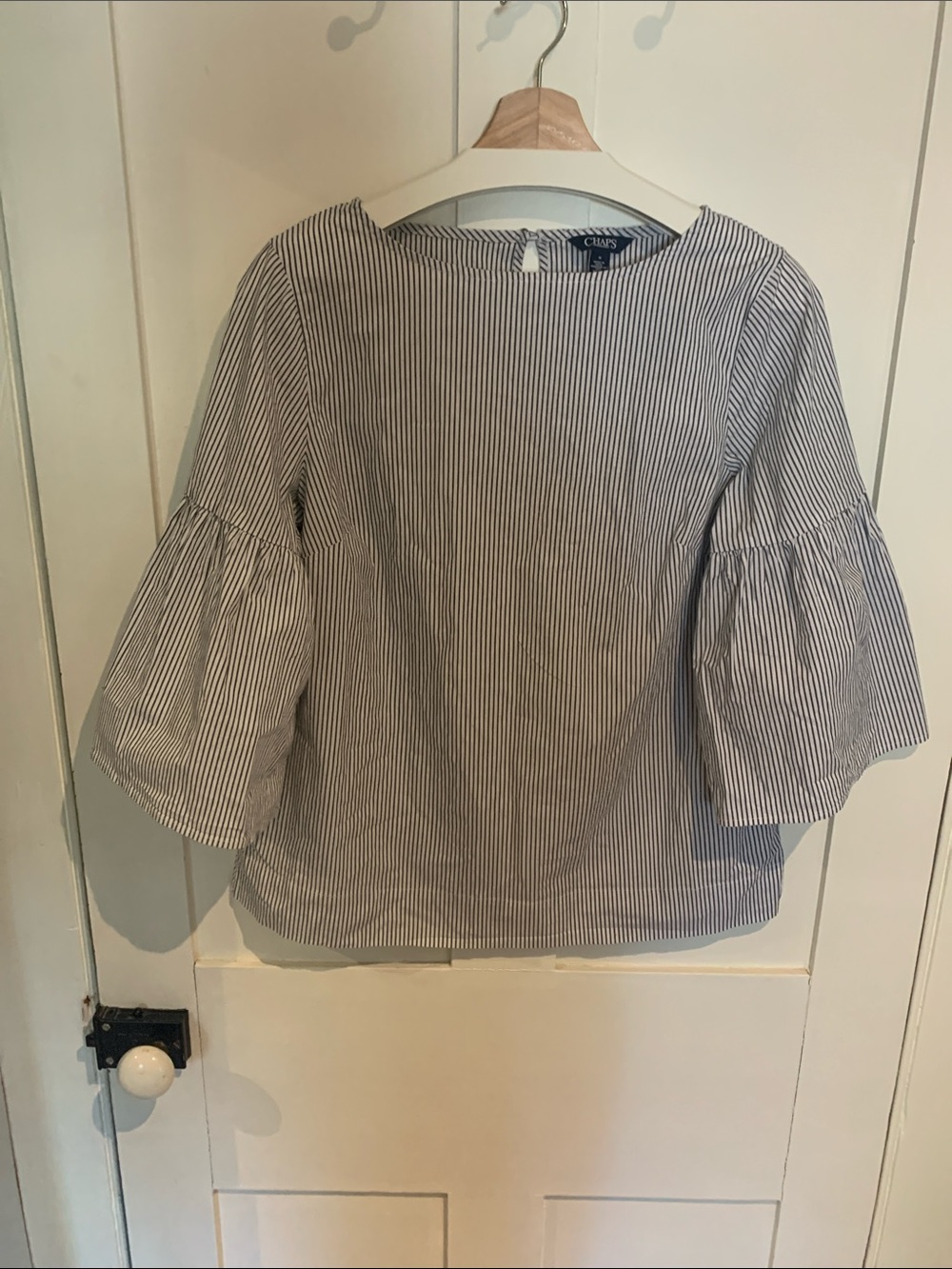 Chaps Blue and White Striped Bell Sleeve Blouse